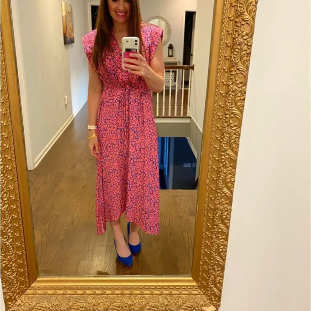 Derek Lam Pink Blue Floral Midi Dress MEDIUM Fit Flare Lightweight Designer $175 - Picture 6 of 12